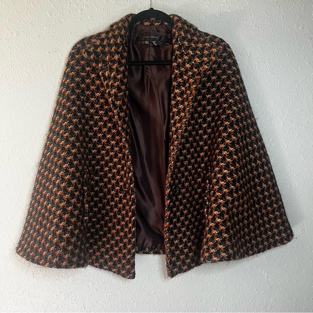 Zara Wool Cape Jacket |Textured Brown Black Teal Gold Statement Coat M - Picture 5 of 10